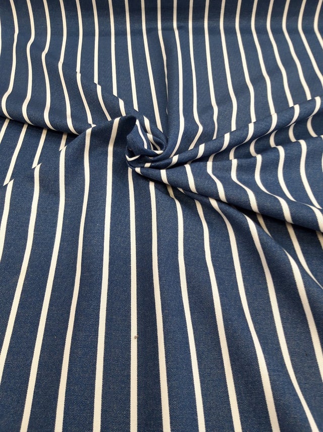 £12mtr PH91 Navy and white butchers stripe cotton canvas - 1/2mtr
